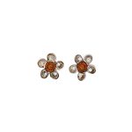Silver Earrings, Flowers, Orange