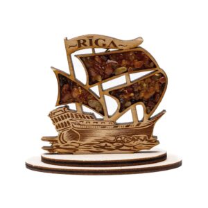 Wooden decor with amber pieces, sailing ship, riga, 8.5 x 9 cm