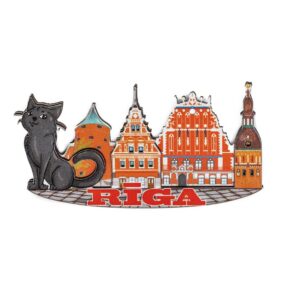 Colorful magnet old town historical buildings, black cat, riga