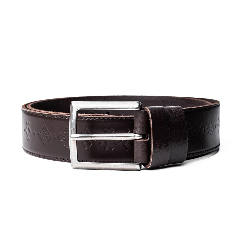 Leather belt with ethnographic signs, brown