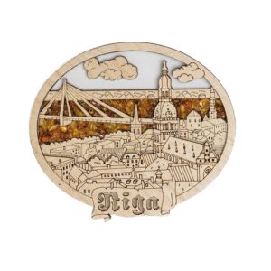 Wooden magnet with amber, riga panorama, riga