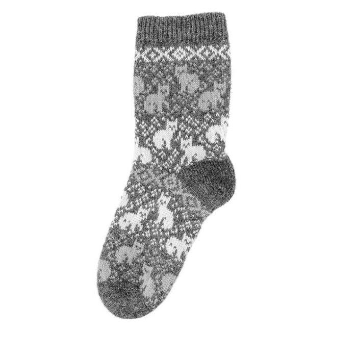 Knitted wool socks with cats, dark grey