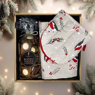 Christmas gift set – linen oven mitt, kitchen towel with birds and delicious gingerbread