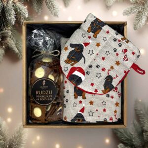 Christmas gift set – linen oven mitt, kitchen towel with dog & delicious gingerbread