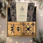 Christmas Gift Set – Linen Kitchen Towel and Wooden Coaster with Ethnographic Signs
