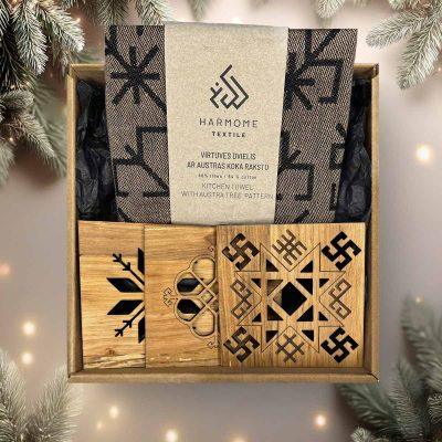 Christmas gift set – linen kitchen towel and wooden coaster with ethnographic signs