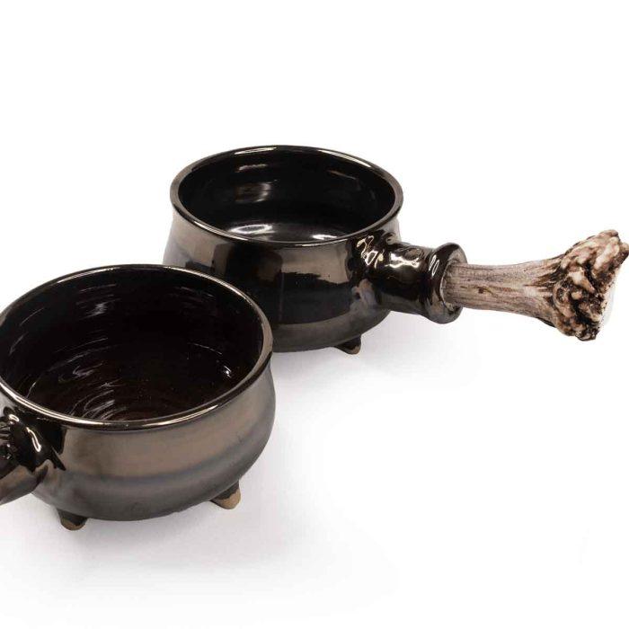 Ceramic bowl with antler elements, brownish-black, 22x12 cm