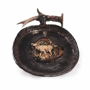 Ceramic serving plate with antler elements, brownish-black, 25x20 cm