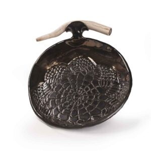 Ceramic serving plate with antler elements, brownish-black, 25x20 cm