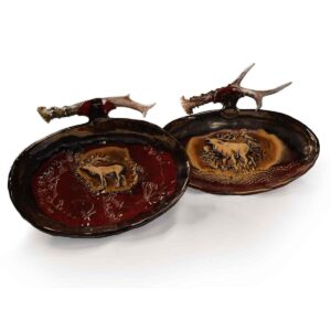 Ceramic serving plate with antler elements, reddish-browm, 25x20 cm