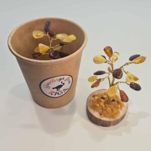 Amber money tree on wood disc, 6 cm