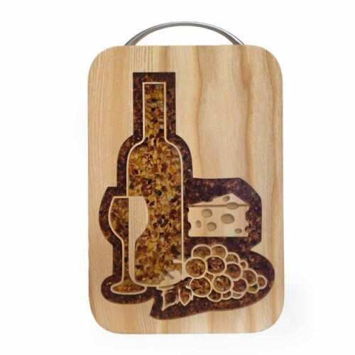 Kitchen cutting board with amber "wine and cheese", 17 x 25 cm
