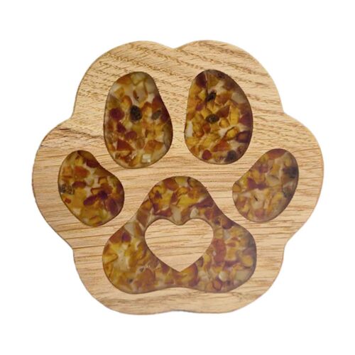Wooden coaster with amber  "kitty paw", 10.5 x10.5 cm