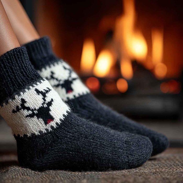 Knitted wool socks with deer motif, black