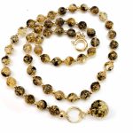 Amber Necklace with Gold Color Elements, Greenish-Brown, 45 cm