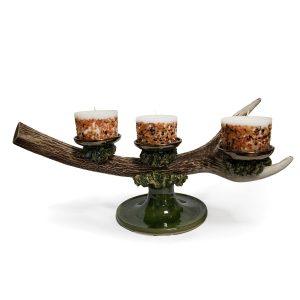Ceramic candle holder with antler element, green-brown Ceramic candle holder with antler element, green-brown