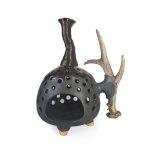 Ceramic Candle Holder with Antler Element, Brownish-black