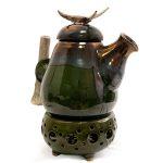 Ceramic Teapot on Stand with Antler Handle, Greenish-Brown