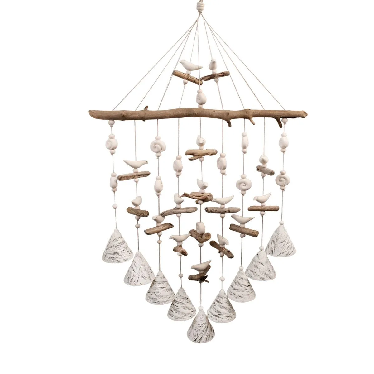 Ceramic wind chimes, bent grass motif, white, 9 bells