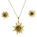 Silver Jewelry Set “Sun Shape” with Greenish Amber, Gold Plated