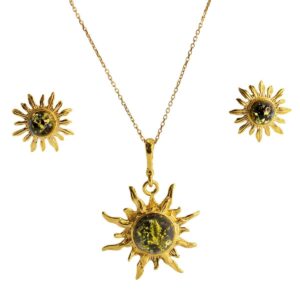 Silver jewelry set “sun shape” with greenish amber, gold plated