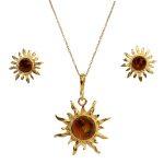 Silver Jewelry Set “Sun Shape” with Orange Amber, Gold Plated