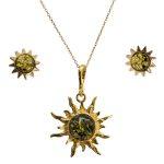 Silver Jewelry Set “Sun Shape” with Greenish Amber, Gold Plated