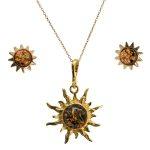 Silver Jewelry Set “Sun Shape” with Orange Amber, Gold Plated