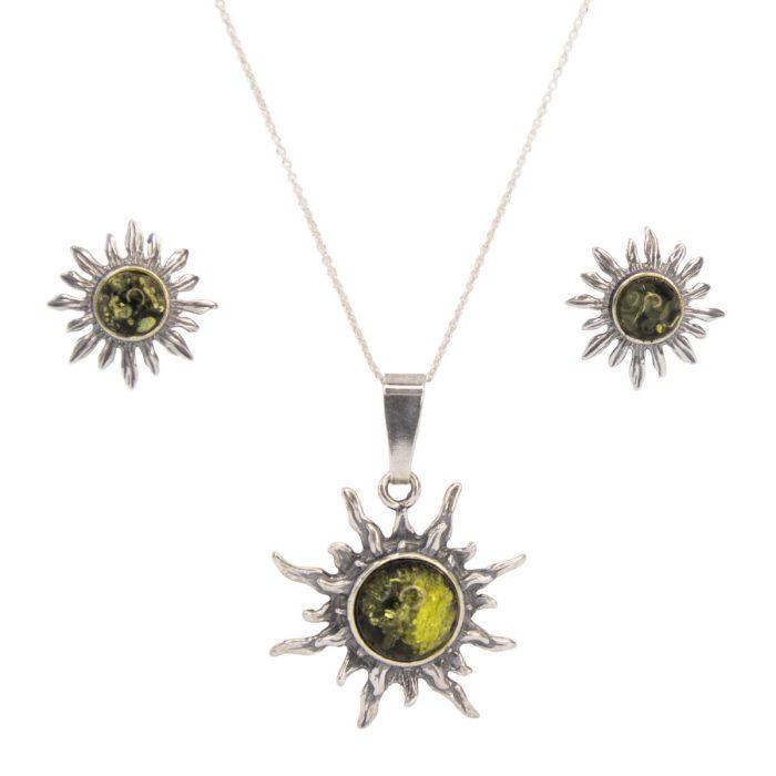 Silver jewelry set “sun shape” with greenish amber