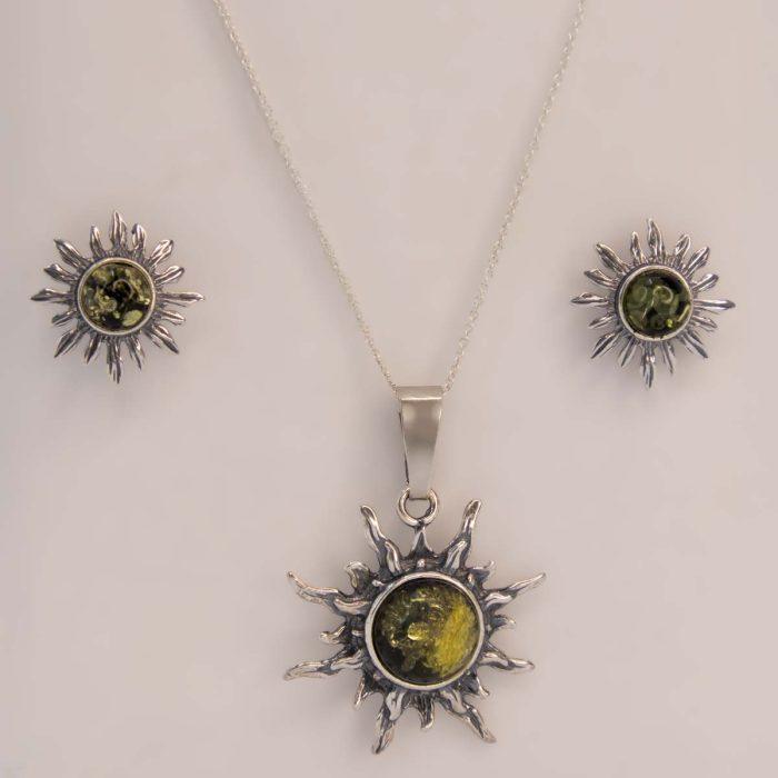 Silver jewelry set “sun shape” with greenish amber