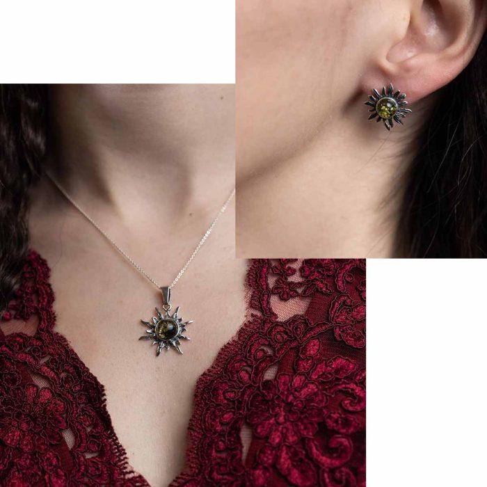 Silver jewelry set “sun shape” with greenish amber