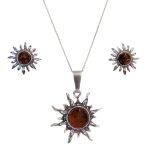 Silver Jewelry Set “Sun Shape” with Orange Amber