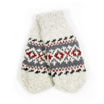 Knitted wool mittens with multicolor pattern, white