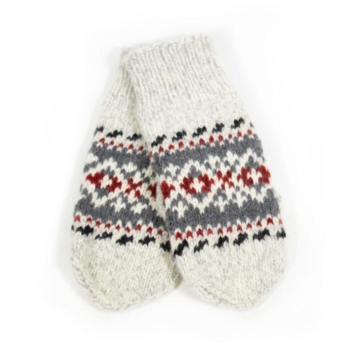 Knitted wool mittens with multicolor pattern, white