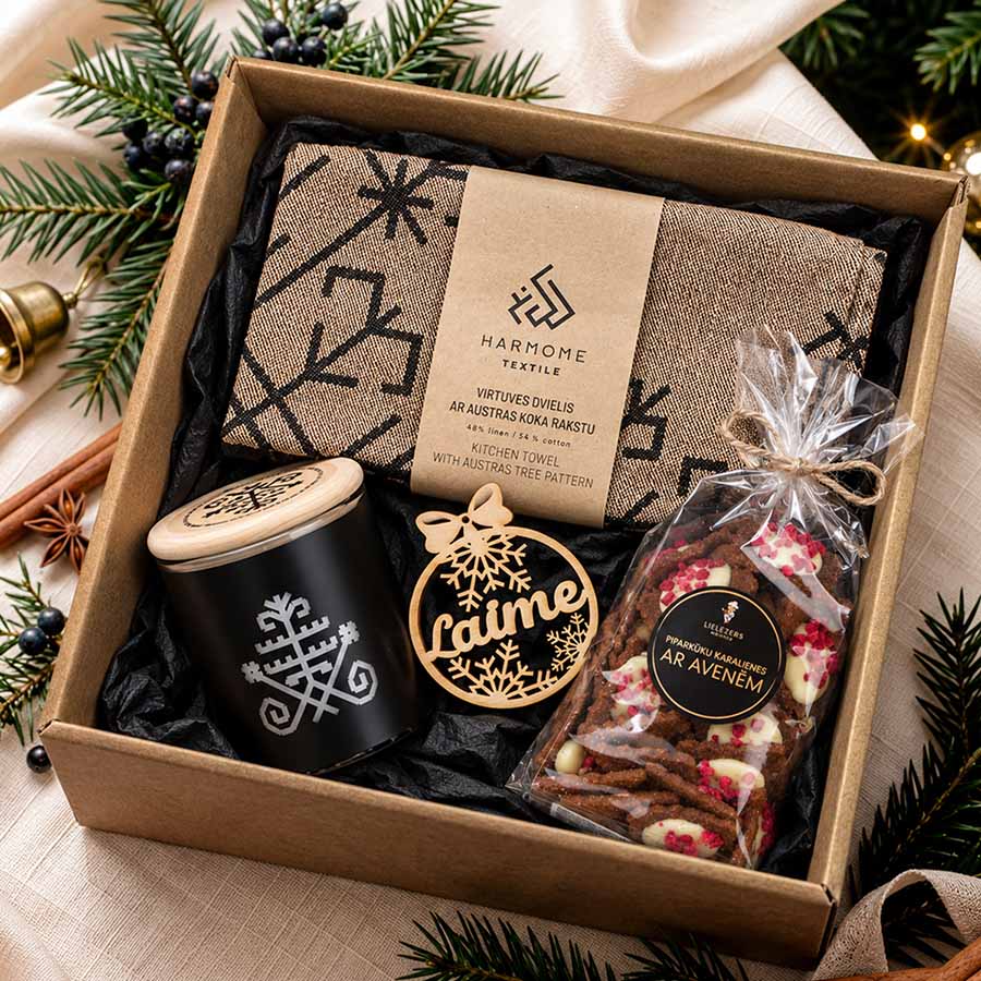 Christmas gift set – crunchy gingerbread, linen kitchen towel & candle with austras tree signs