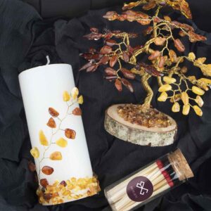 Gift set – amber money tree, candle &matches in a glass jar