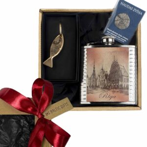 Gift set for fishermen – leather keychain “fish”, lucky money scale & “riga” hip flask