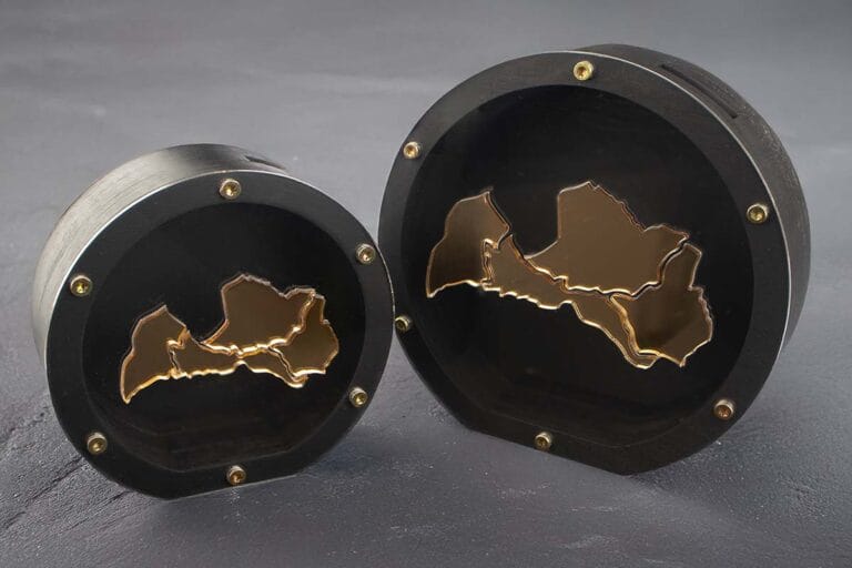 Wooden money box with contour of latvia, black