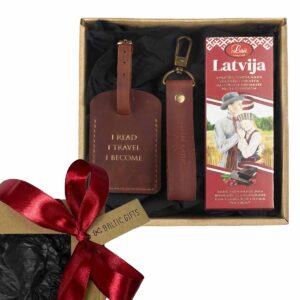 Gift set for traveler – leather keychain and luggage tag with chocolate “latvia"