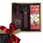 Gift Set for Traveler – Leather Keychain and Luggage Tag “World” with Chocolate “Latvia"