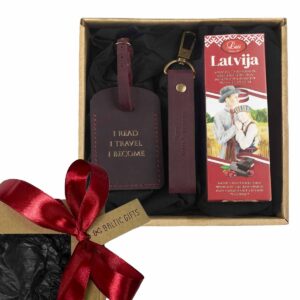 Gift set for traveler – leather keychain and luggage tag with chocolate “latvia"