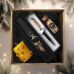 Christmas Gift Set - Candle, Pen & Leather Keychain with Amber