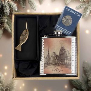Christmas gift set for fishermen – leather keychain “fish”, lucky money scale & “riga” hip flask