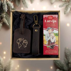 Christmas gift set for traveler – leather keychain and luggage tag “world” with chocolate “latvia"
