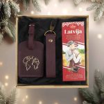 Christmas Gift Set for Traveler – Leather Keychain and Luggage Tag “World” with Chocolate “Latvia"