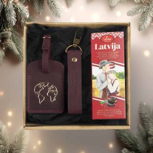 Christmas gift set for traveler – leather keychain and luggage tag “world” with chocolate “latvia"