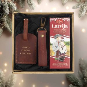 Christmas gift set for traveler – leather keychain and luggage tag with chocolate “latvia"