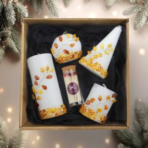Christmas gift set – candles with amber pieces & matches in a glass jar