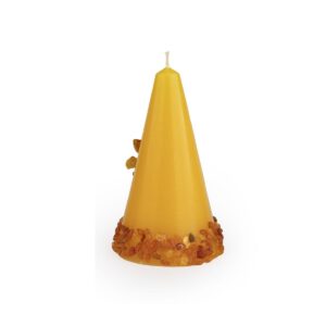 Candle with amber pieces, branch design, cone-shaped, yellow