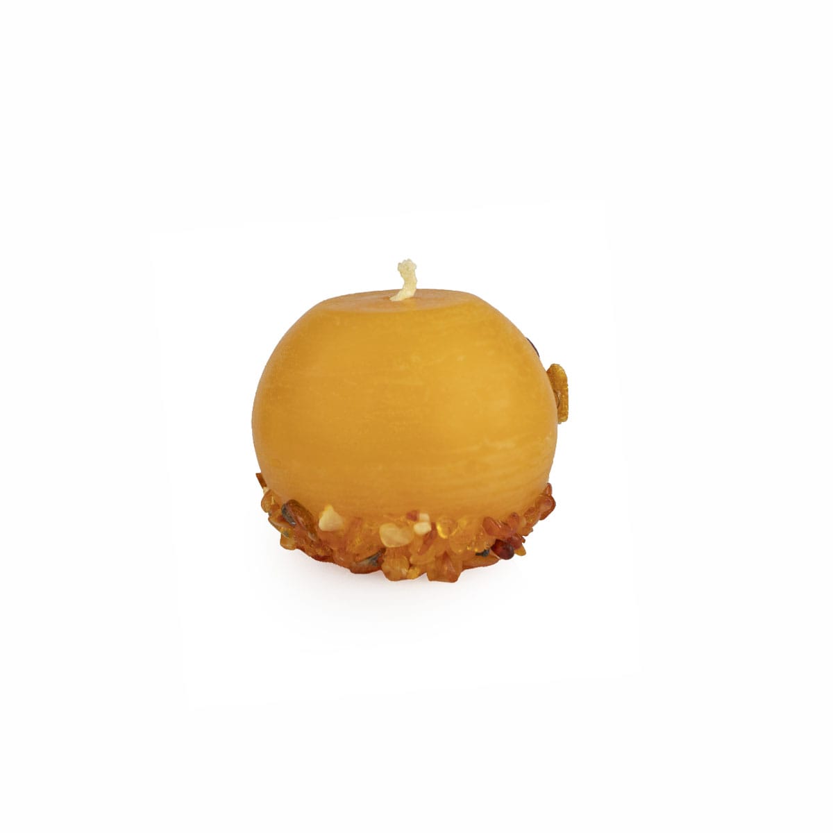 Candle with amber pieces, branch design, round, yellow
